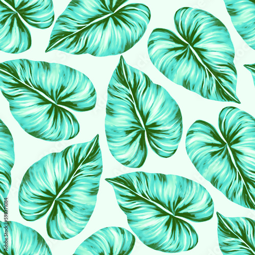 Tropical leaf seamless pattern. Colorful vivid print with beautiful palm jungle leaves. Repeated luxury design for packaging, cosmetic, fashion, textile, wallpaper. Realistic high quality illustration © Taity