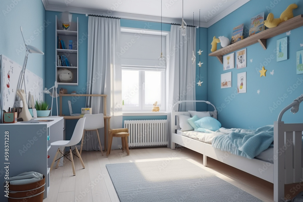 Modern childrens room, clean minimalistic interior design, light blue ...