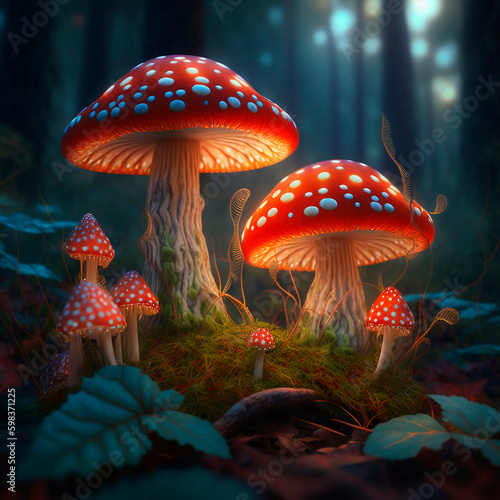 Mystical luminous fly agaric of the magical forest. Generative AI.