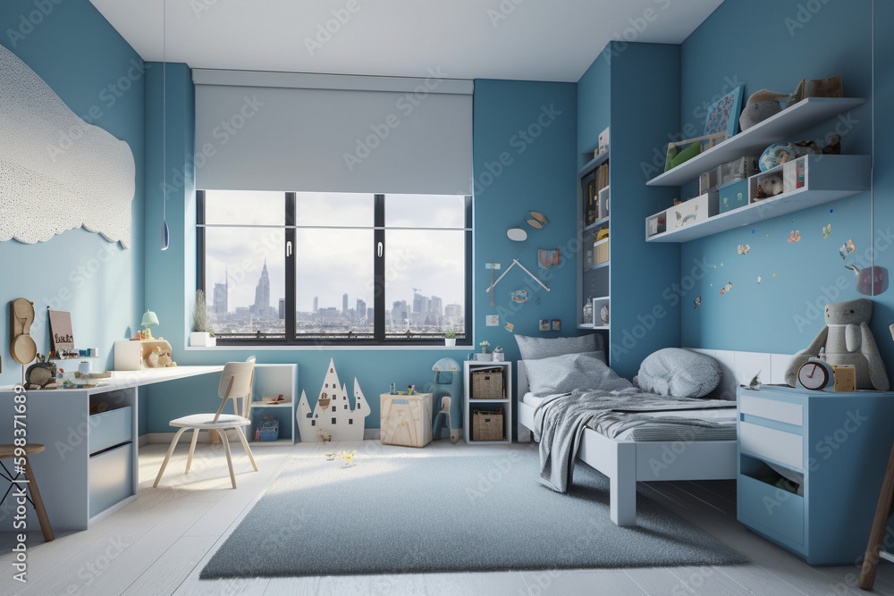 Modern childrens room, clean minimalistic interior design, light blue ...