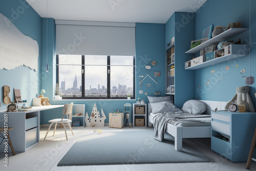 Modern childrens room  clean minimalistic interior design  light blue and white colors. Super photo realistic background  generative ai illustration.