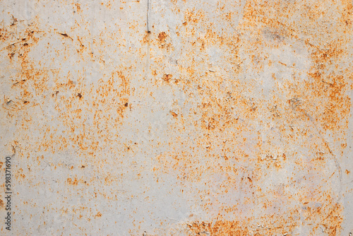 Rusted white painted metal wall. Rusty metal background with streaks of rust. Rust stains.