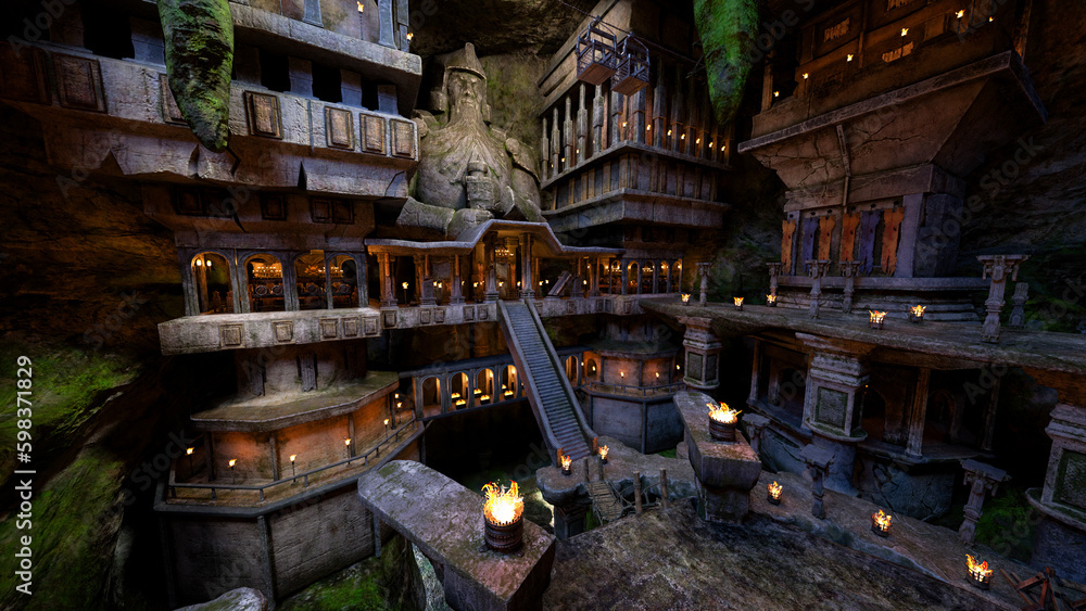 Obraz premium Fantasy dwarf mine in a large cave under a mountain. 3D rendering.