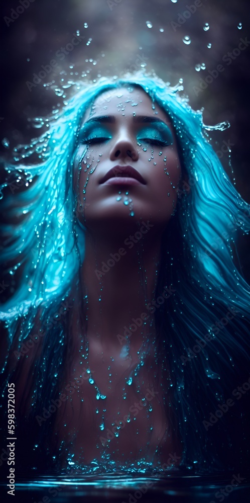 Conceptual illustration of a beautiful woman with blue hair emerging from the water