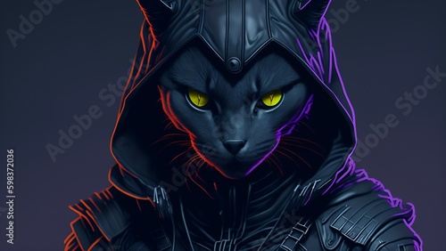 Gray hooded thief cat in cyberpunk style