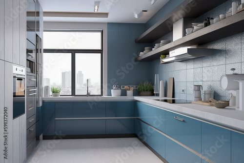 Modern kitchen  clean minimalistic interior design  light blue and white colors. Super photo realistic background  generative ai illustration.