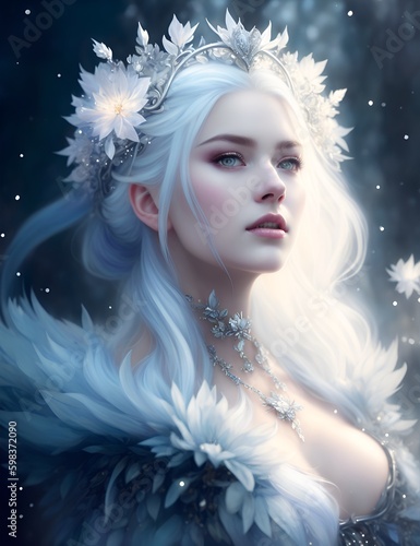 Illustration of a Ice Queen with platinum hair in a dress of ice flowers