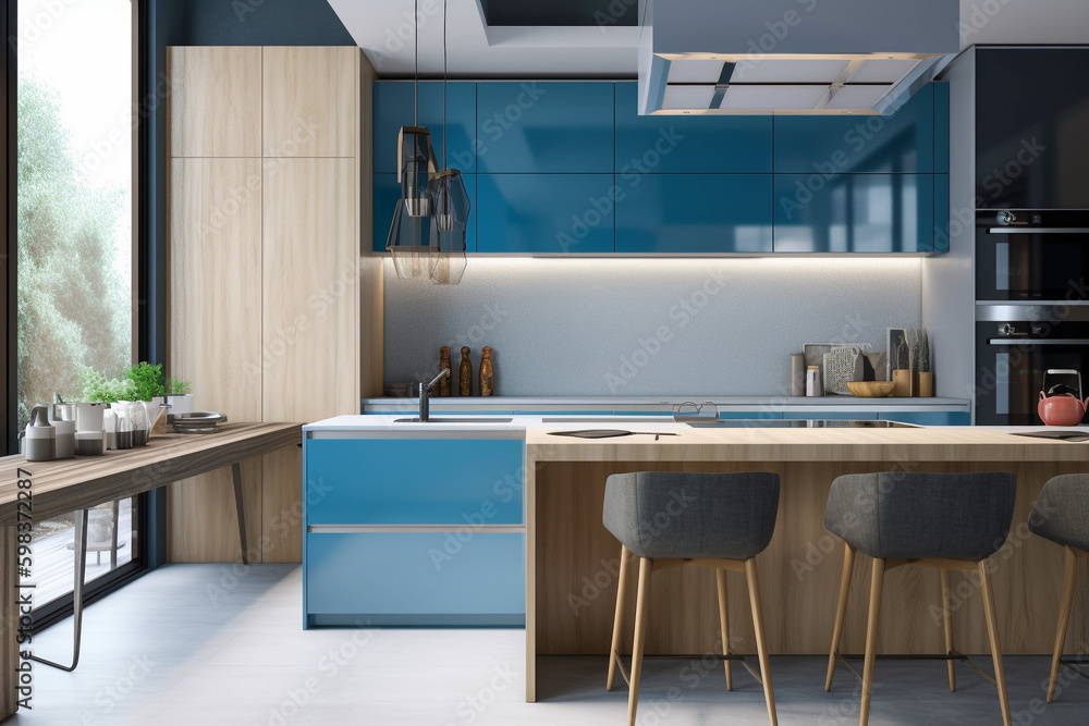 Modern kitchen, clean minimalistic interior design, light blue and white colors. Super photo realistic background, generative ai illustration. Modern kitchen, clean minimalistic interior design, light blue and white colors. Super photo realistic background, generative ai illustration.