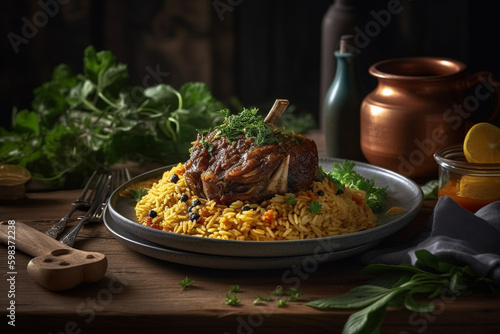 Delicious Arab Herb rice briyani with lamb shank on top. Generative AI
