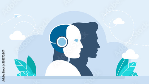 Robot and man. Machine vs human. Human brain mind head with artificial intelligence robot head concept. Artificial and natural intellects. Automation, AI, new technology concept. Vector illustration