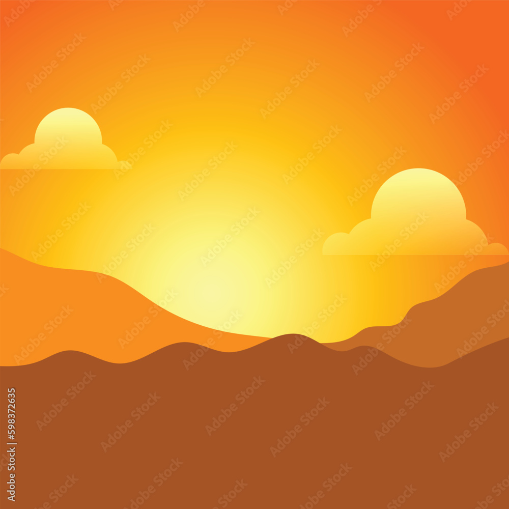 sunset over the mountains Desert at sunset landscape vector background, minimal cartoon flat style