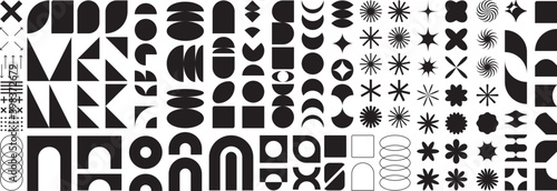Brutalist shapes for swiss minimal style design. Constructor of trendy geometric postmodern primitive figures. Vector illustration of brutalist bauhaus contemporary star, oval, flower, line and forms