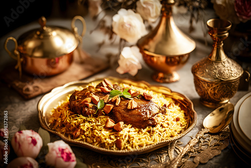 Traditional Ramadan Kurban Halal food. Fragrant traditional pilaf with pieces of meat and spices on beautiful plate on holiday setting table with flowers. Oriental cuisine. Closeup. Generative ai photo