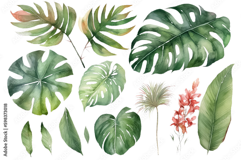 Set of Tropical leaves isolated on white background. AI Generative AI Set of Tropical leaves isolated on white background. AI Generative AI