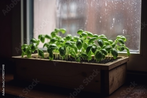 basil growing in a box on the windowsill -Ai