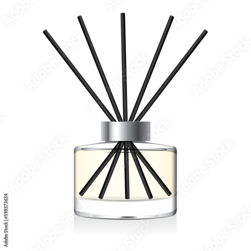 Transparent reed diffuser bottle mockup. Home fragrance with yellow liquid perfume. Round aromatic diffuser with black fiber coated sticks and silver cap. 3D vector illustration