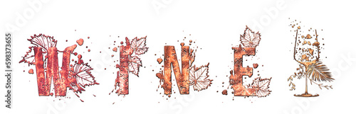 Wine design - Collection of wine glasses. Hand drawn elements for invitation cards, advertising banners, menus in gold style. Wine glasses with splashing wine. Sketch vector illustration