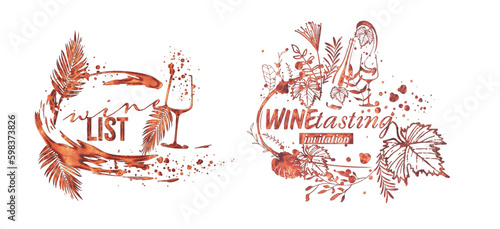 Wine Designs - Collection of wine glasses and bottles. Hand drawn elements for invitation cards, advertising banners, menus in gold style. Wine glasses with splashing wine. Sketch vector illustration