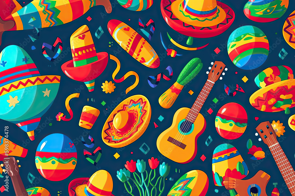 Obraz premium Colorful mexican pattern vector illustration with guitar,hat and cactus. Ai generative