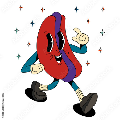 Psychedelic, groovy retro cartoon hot- dog character. Modern sticker with hot- dog. Funny faces with vibrant colors. Flowing texture. Crazy vector illustration.

