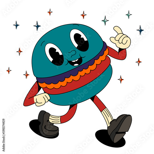 Psychedelic, groovy retro cartoon burger character. Modern sticker with hamburger. Funny faces with vibrant colors. Flowing texture. Crazy vector illustration.