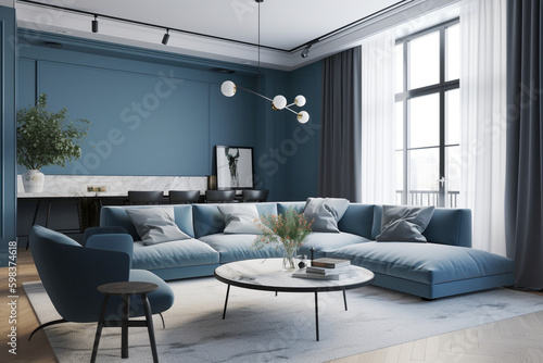 Modern living room, clean minimalistic interior design, light blue and white colors. Super photo realistic background, generative ai illustration.