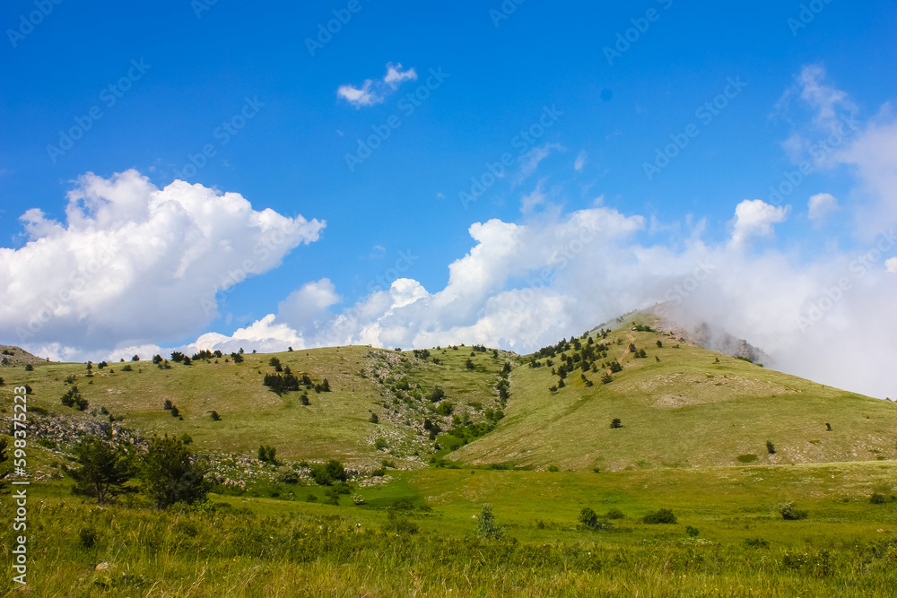 Alpine green hill with a path and cliffs covered with pine trees against a blue sky with low clouds in the Crimea in Uarain on a sunny day