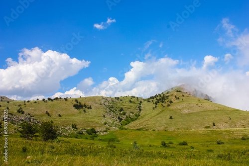 Alpine green hill with a path and cliffs covered with pine trees against a blue sky with low clouds in the Crimea in Uarain on a sunny day