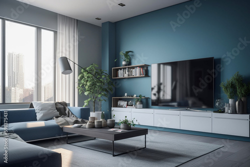 Modern living room  clean minimalistic interior design   light blue and white colors. Super photo realistic background  generative ai illustration.