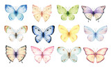 Watercolor set of bright hand-painted butterflies. Design for the decoration of postcards, invitations, greeting cards, birthday, souvenirs, weddings.