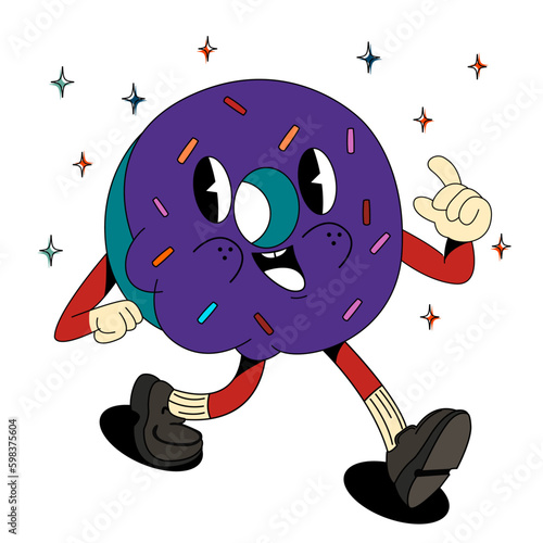 Psychedelic, groovy retro cartoon donuts character. Modern sticker with donuts. Funny faces with vibrant colors. Flowing texture. Crazy vector illustration.