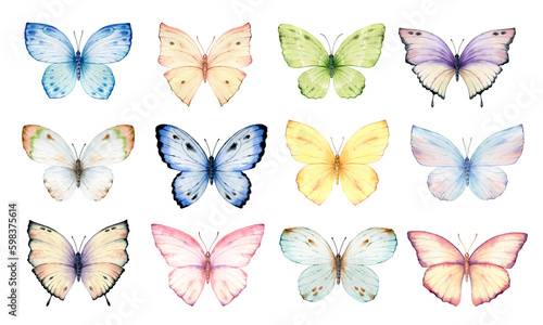 Watercolor set of bright hand-painted butterflies. Design for the decoration of postcards, invitations, greeting cards, birthday, souvenirs, weddings.