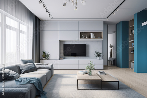 Modern living room  clean minimalistic interior design   light blue and white colors. Super photo realistic background  generative ai illustration.