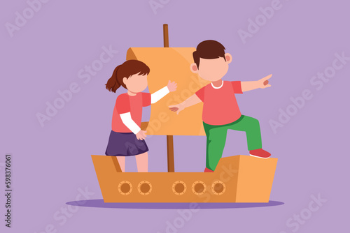 Character flat drawing of cheerful little boy and girl playing sailor with boat made of cardboard box. Creative kids character playing ship made of cardboard boxes. Cartoon design vector illustration