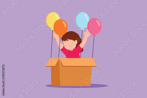 Character flat drawing pretty little girl sitting in cardboard box with balloons. Little pilot of hot air balloon. Creative kids character playing hot air balloon. Cartoon design vector illustration