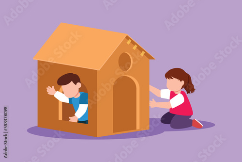 Graphic flat design drawing of kids playing cardboard box toy house together. Happy little boy and girl playing in and out of toy home. Children sitting in playhouse. Cartoon style vector illustration