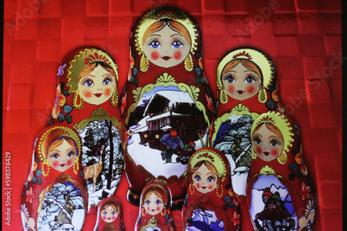 A beautiful set of eight Russian folk dolls, Matrioska,