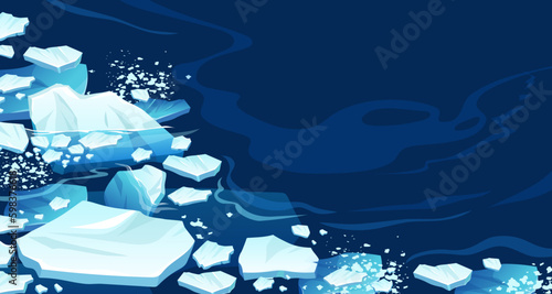 Atlantic, antarctic floes, glaciers and icebergs floating on surface. Global warming, climate change