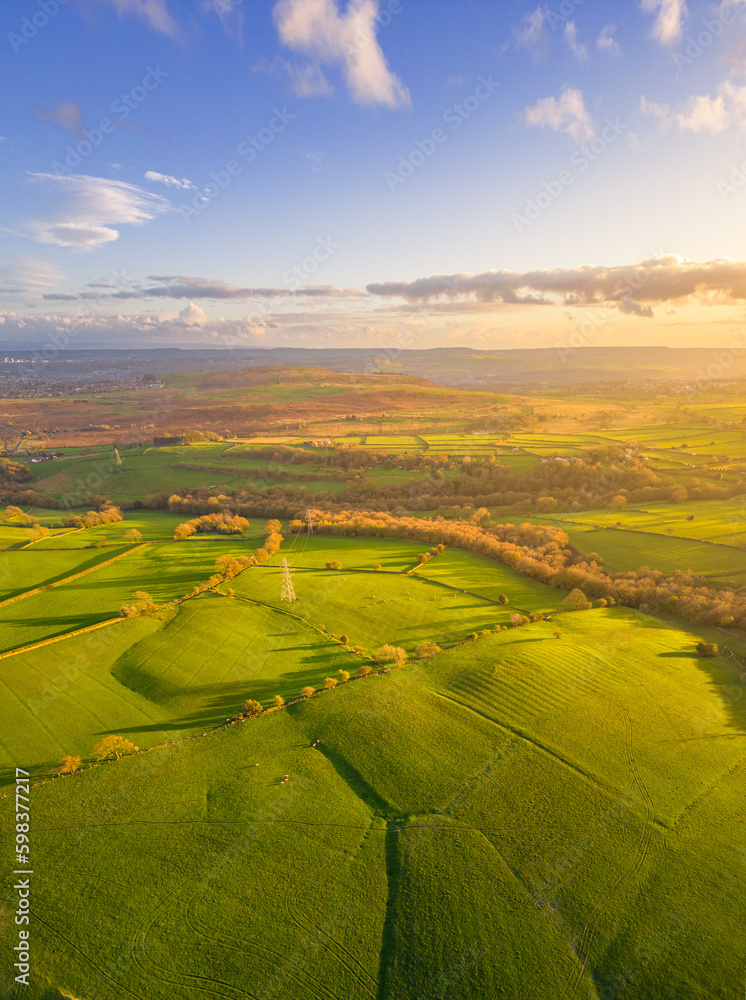 Aerial view of Baildon Moor in Yorkshire countryside near Leeds. 
