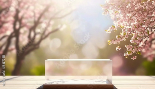 Empty white surface with blooming pink sakura garden bokeh background. Generative AI. photo