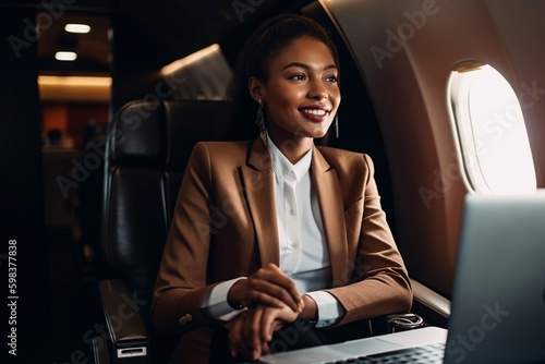 African american businesswoman with laptop on airplane seated in business class. Generative AI. photo