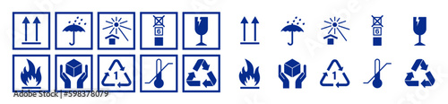 Collection of Packaging Symbols. Fragile signs set. Vector illustration isolated on transparent background.