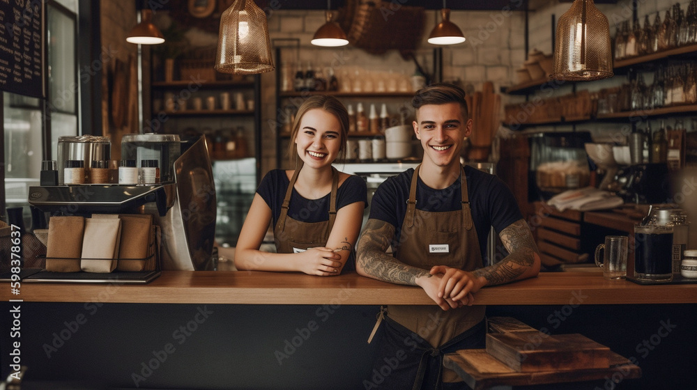 Proud Young Adult Couple At The Counter of Their New Bakery Shop In Europe - Generative AI.