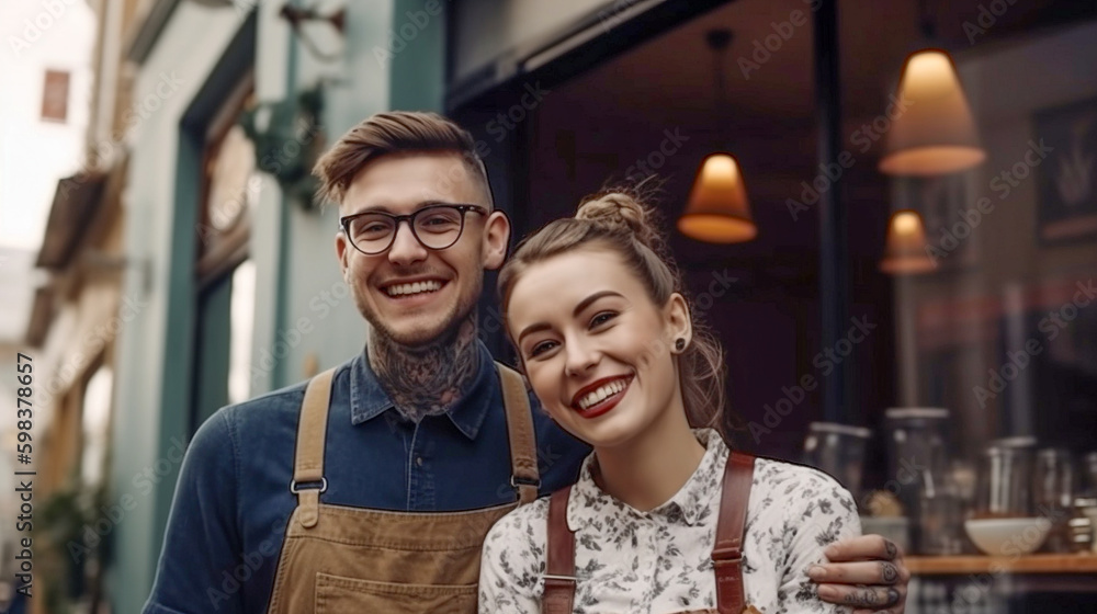 Proud Young Adult Couple At The Entrance of Their New Bakery Shop In Europe - Generative AI.