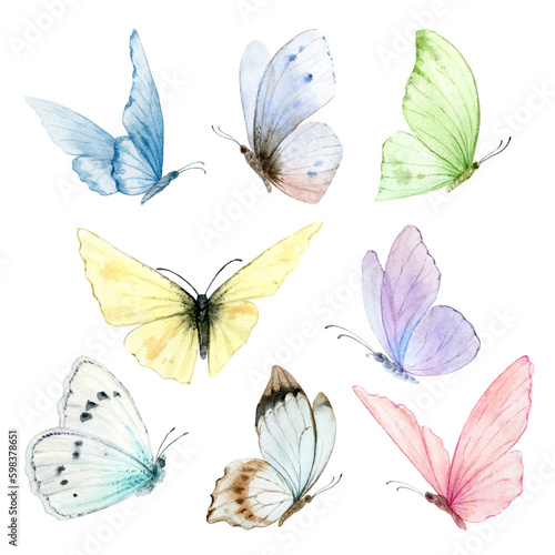 Watercolor vector set of bright hand-painted butterflies. Design for the deco...