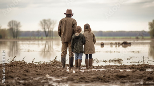 Distressed Farming Family Look Over Their Flooded Farmland - Generative AI.