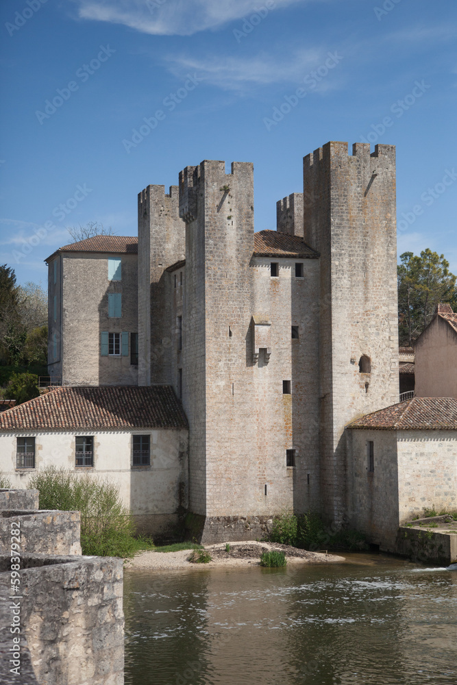 Le moulin fortifié de Barbaste avec ses quatre tours domine la rivière Gélise