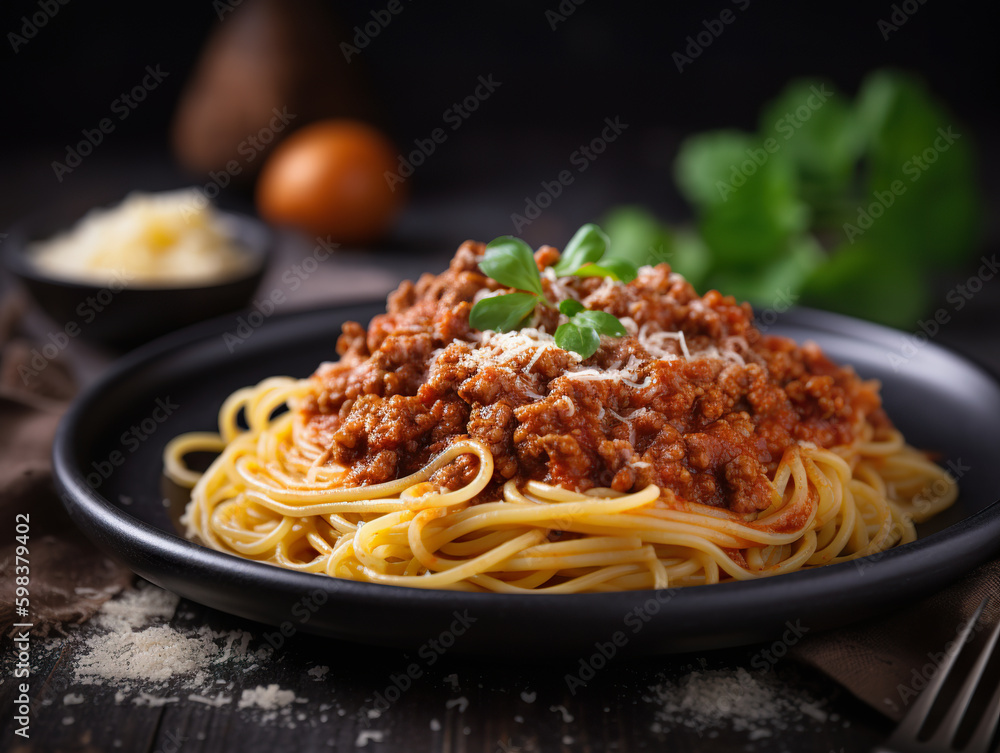 Traditional spaghetti bolognese. Pasta spaghetti with tomato sauce and cheese served on plate. Closeup italian pasta concept spaghetti. 3D realistic illustration. Generative AI Traditional spaghetti bolognese. Pasta spaghetti with tomato sauce and cheese served on plate. Closeup italian pasta concept spaghetti. 3D realistic illustration. Generative AI