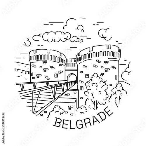 Belgrade Cityscape Line Art Illustration. Travelling Serbia. Old Fortress View.