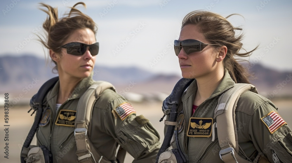Two Proud Young Adult Female Air Force Fighter Pilots In Front of Their F-16 Combat Aircraft on the Tarmac - Generative AI.